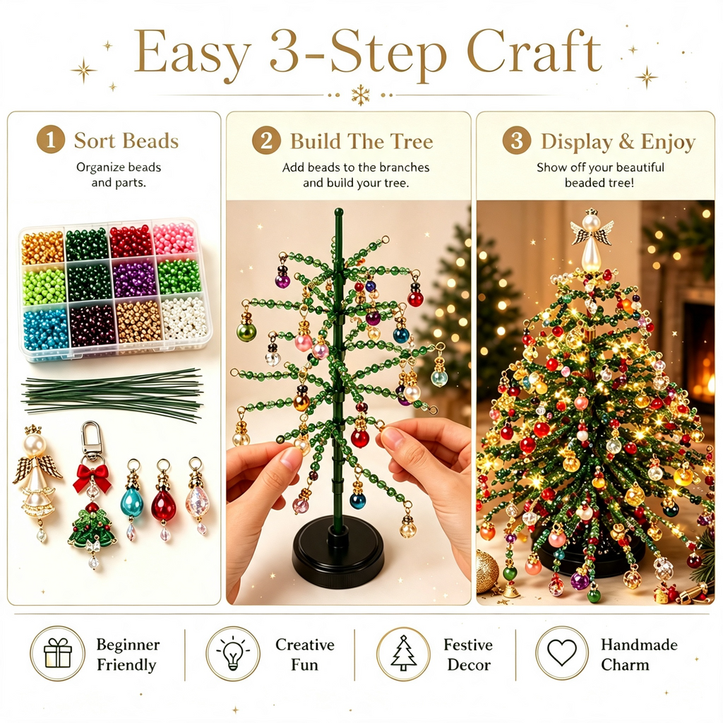 Clearance DIY Beaded Christmas Tree Kit, Crystal Holiday Craft Set for Adults, Colorful Beads, Ornament Charms, Metal Frame, Warm Glow Display, Tabletop Decor, Christmas Gift (Classic)