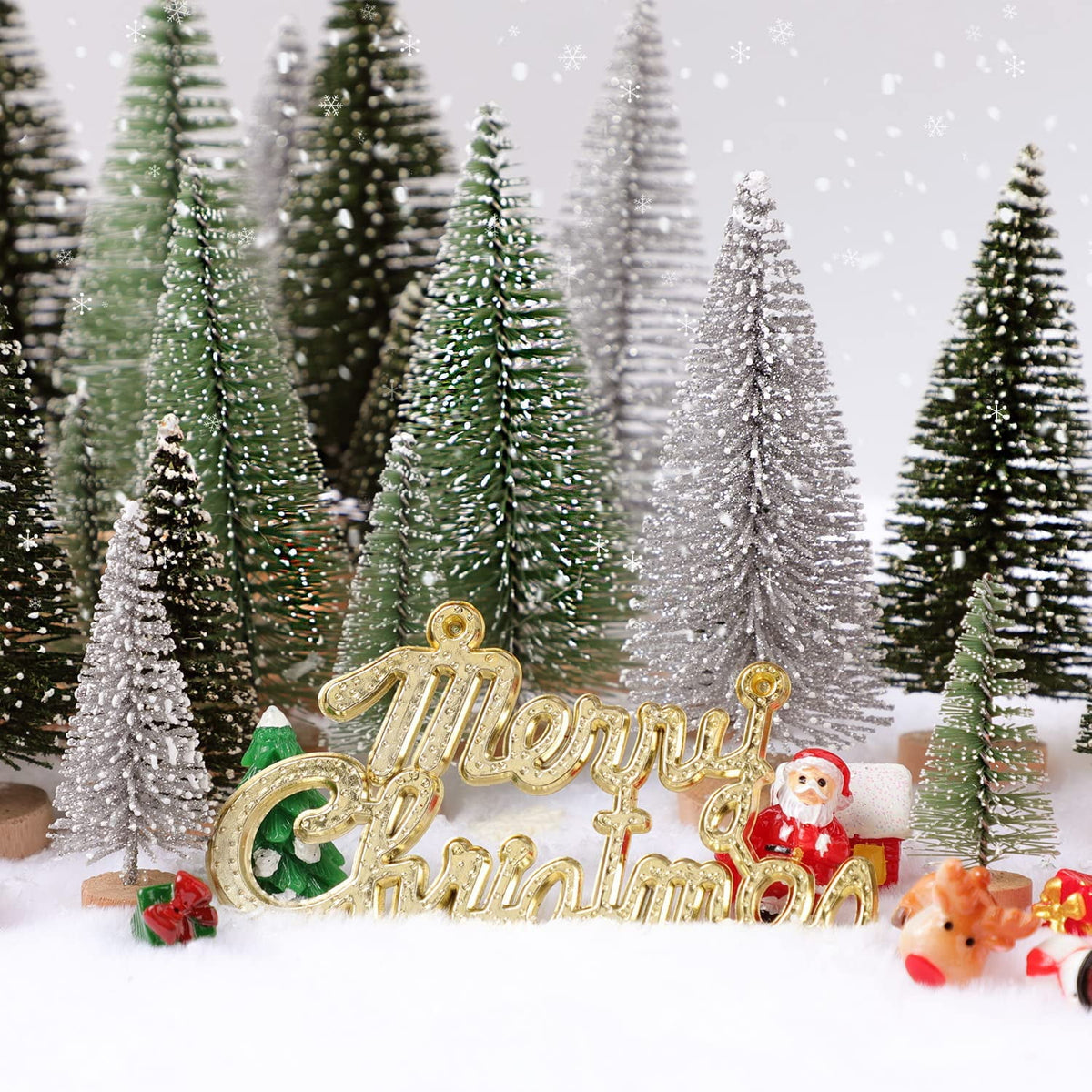 Ayieyill 30PCS Artificial Mini Christmas Trees, Upgrade Sisal Pine Trees with Wood Base Bottle Brush Trees for Christmas Table Top Decor(Green, Gold and Ivory)