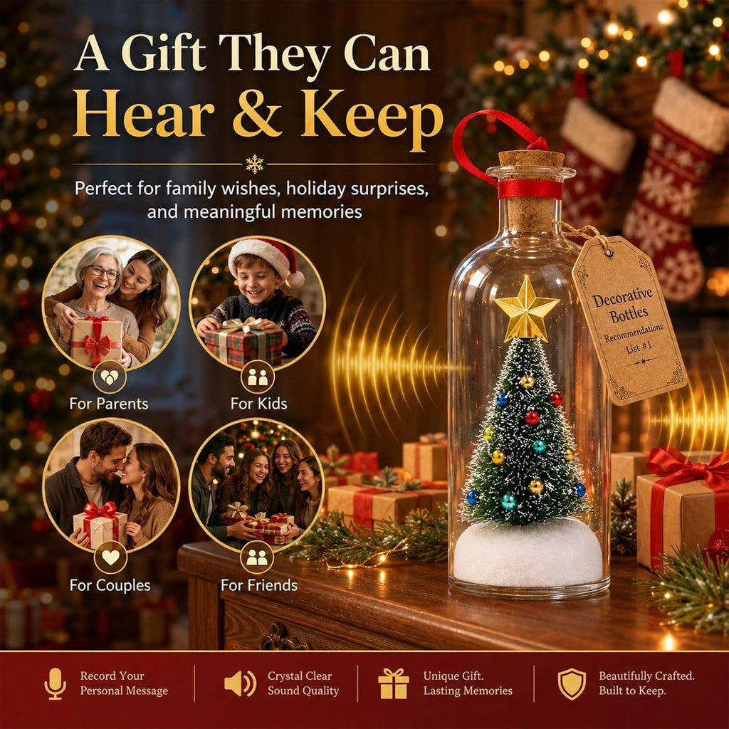 JASKFLY Recordable Christmas Tree Message in a Bottle, Voice Recording Holiday Keepsake with Playback, Snowy Scene, Glass, Green, 1 Count