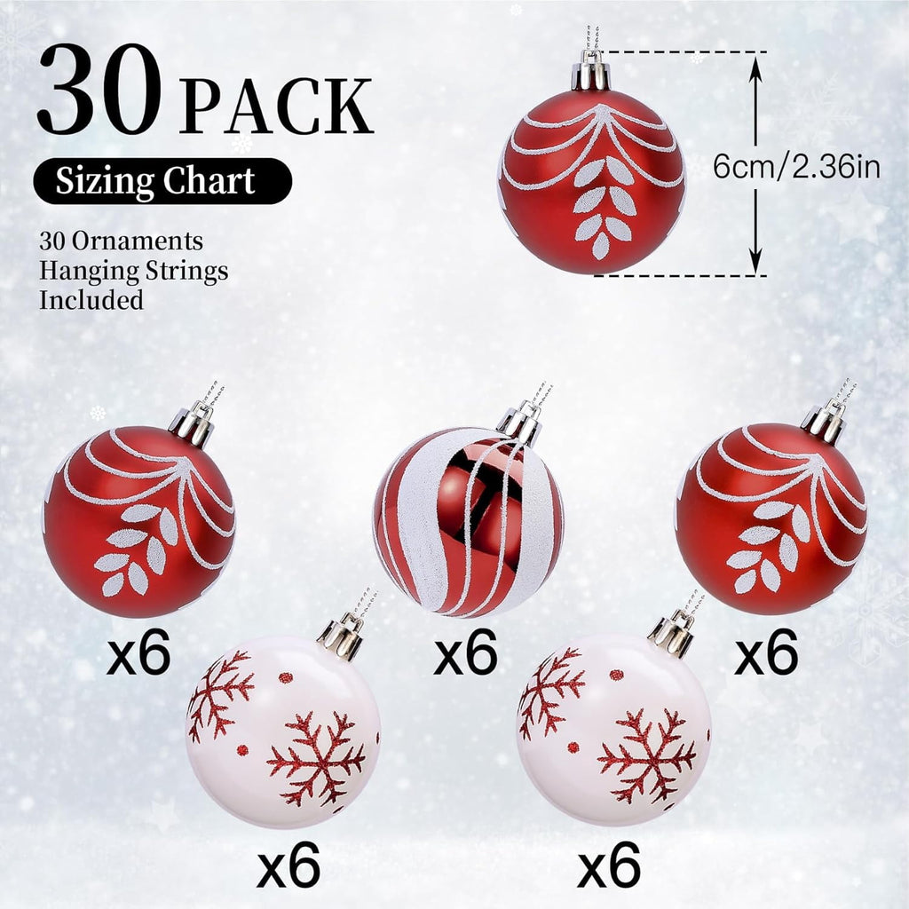 30ct Christmas Ball Ornaments, 2.36 in Shatterproof Xmas Tree Decorations, Plastic Baubles for Holiday, Party, Wedding, or Home Decor, Red & Gold