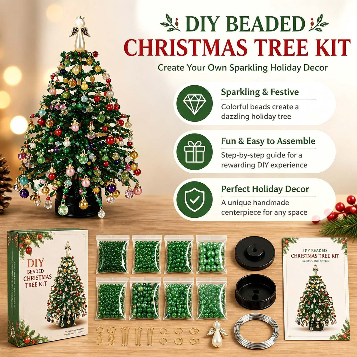 DIY Beaded Christmas Tree Craft Kit Christmas Decorations, 3D Candy Beaded Christmas Tree Craft Kit Christmas Decor, Christmas Crafts for Adults