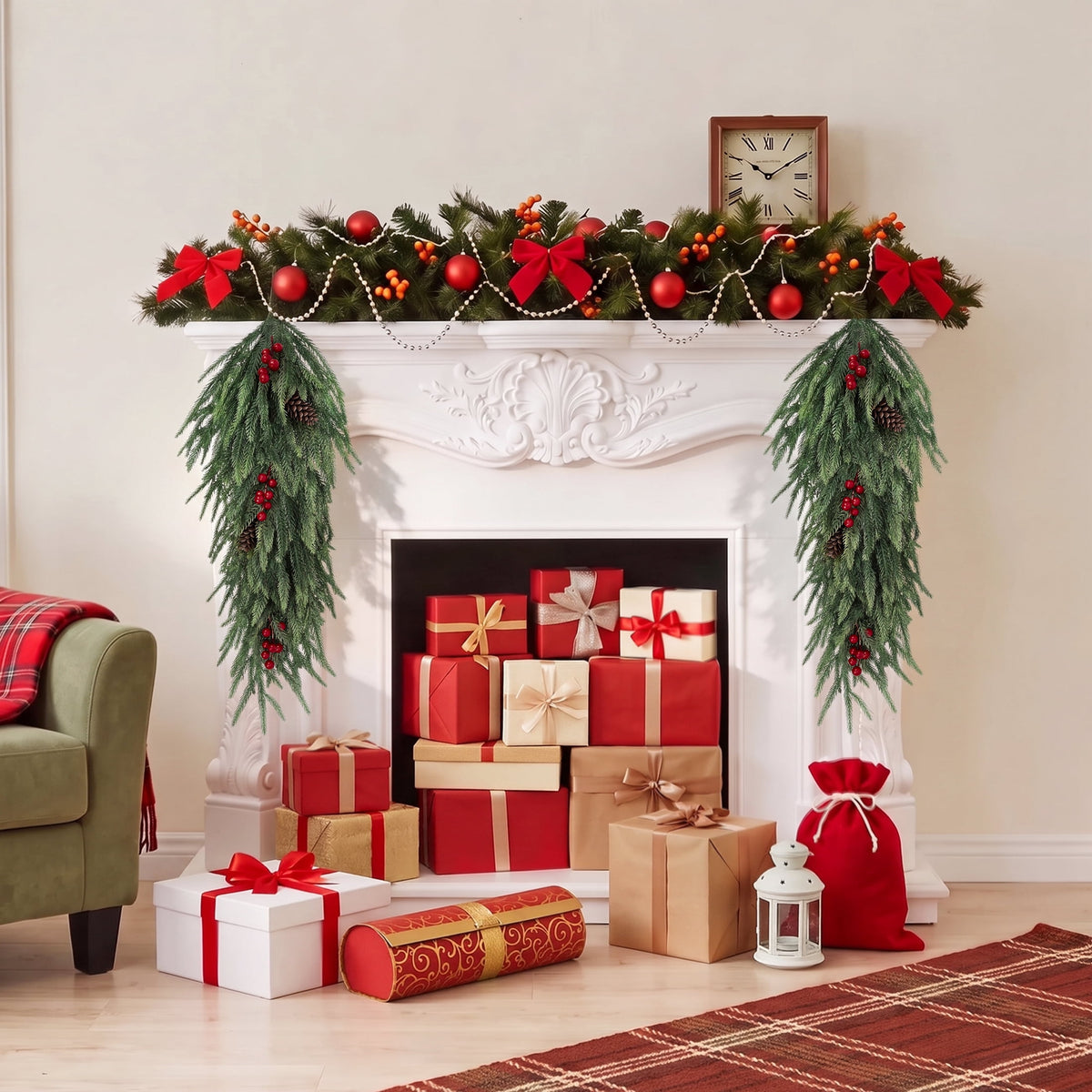 Leyaron Christmas Swags Decorations, 2 Pcs 30" Christmas Artificial Norfolk Pine Greenery Teardrop Wreath for Indoor Outdoor Table Mantle Fireplace Xmas Decor
