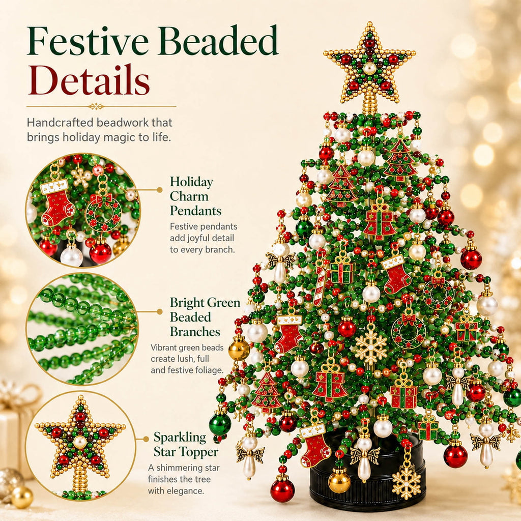 Clearance DIY Beaded Christmas Tree Kit, Crystal Holiday Craft Set for Adults, Colorful Beads, Ornament Charms, Metal Frame, Warm Glow Display, Tabletop Decor, Christmas Gift (Classic)