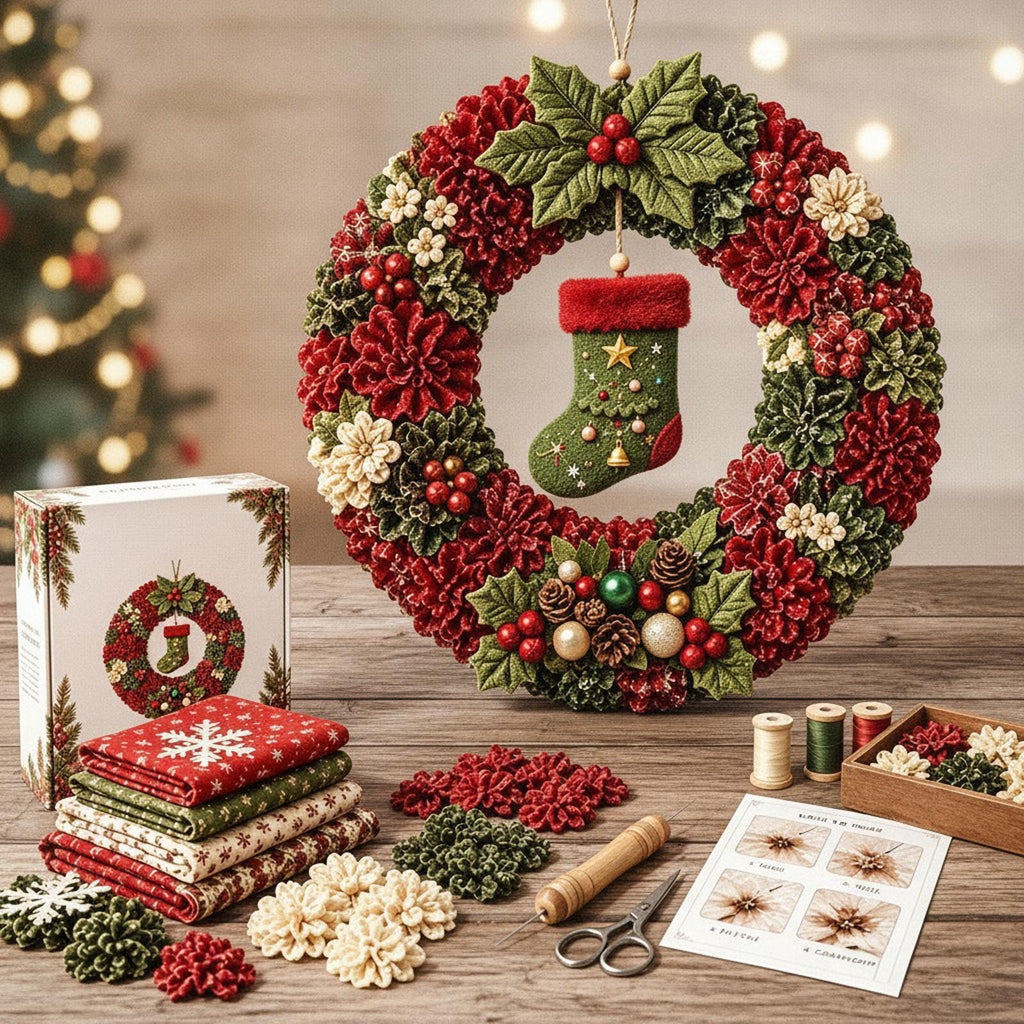 Clearance 3D Christmas Wreath Fabric Poke Art Kit, Jesus Poke Art Kits for Adults, Christmas Wreaths Ornament Making Kit for Front Door