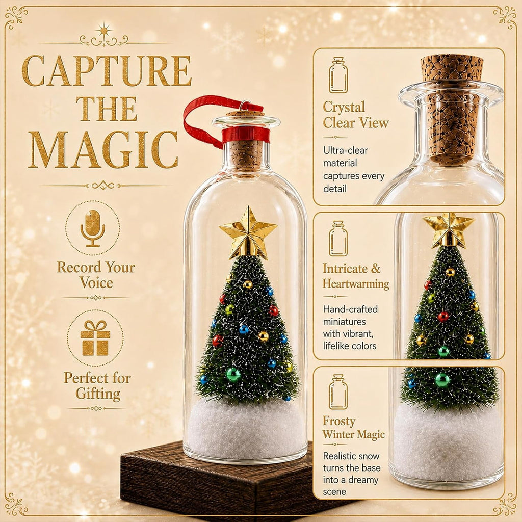 JASKFLY Recordable Christmas Tree Message in a Bottle, Voice Recording Holiday Keepsake with Playback, Snowy Scene, Glass, Green, 1 Count