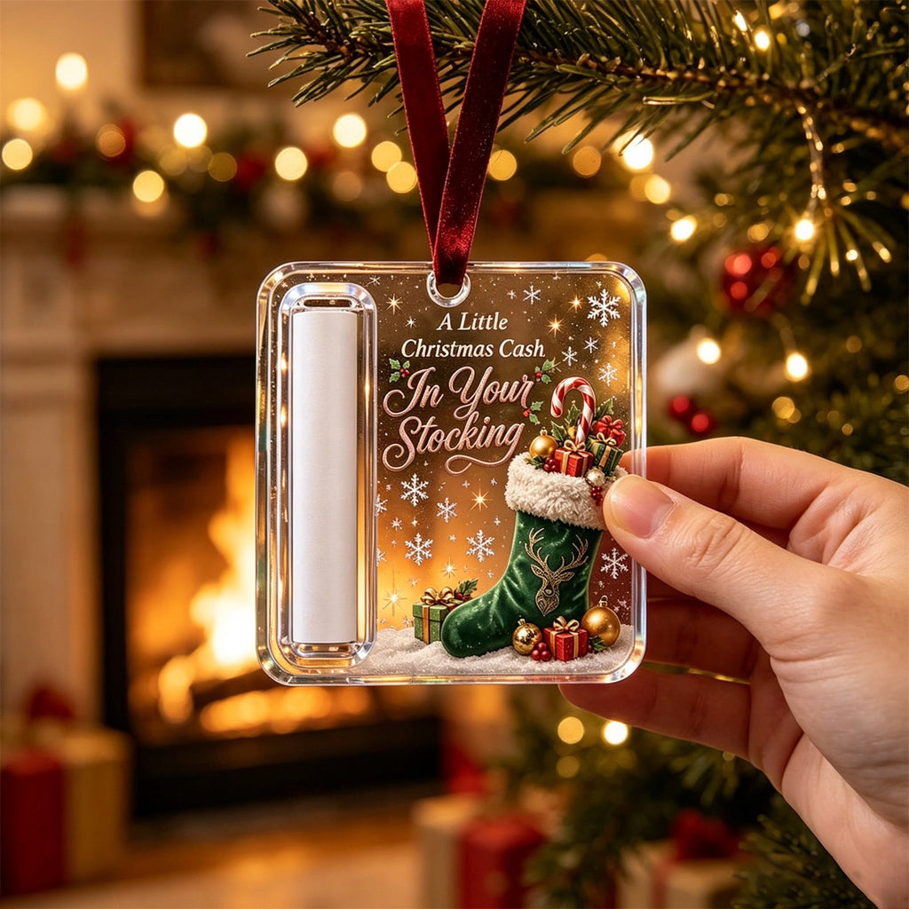 Christmas Cash Gift Stocking Shaped Ornament, Crystal-Clear Cash Holder Ornament with Xmas Stocking Design, Hanging Money Keepsake for Christmas Tree Wreath Garland, Surprise for Family Friends (F)