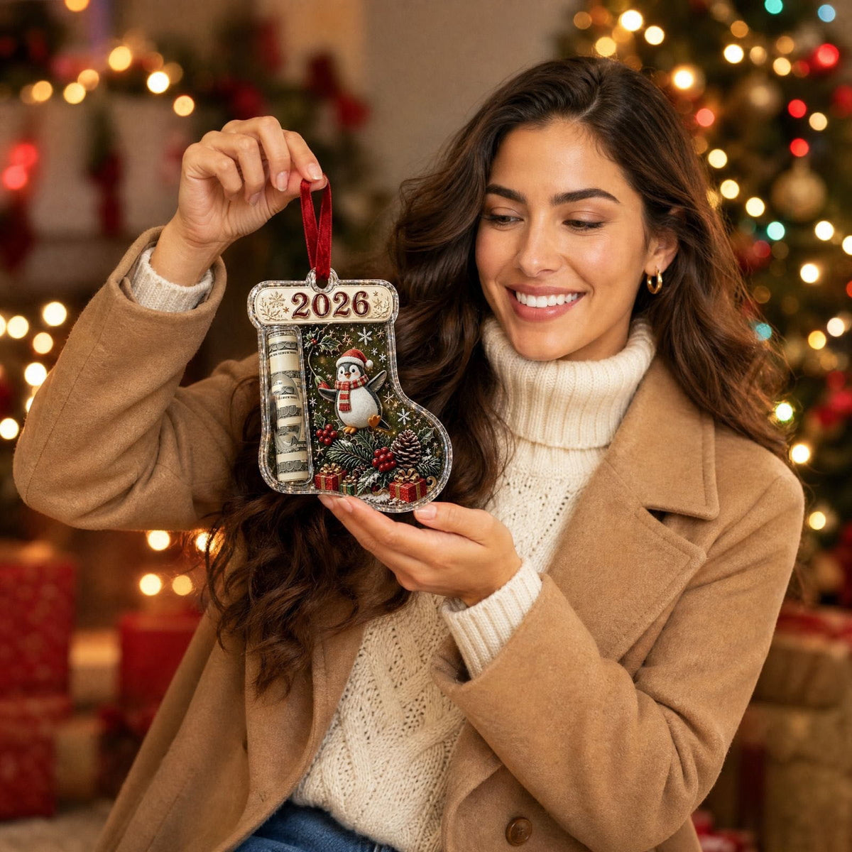 Christmas Cash Gift Stocking Shaped Ornament, Crystal-Clear Cash Holder Ornament with Xmas Stocking Design, Hanging Money Keepsake for Christmas Tree Wreath Garland, Surprise for Family Friends (F)