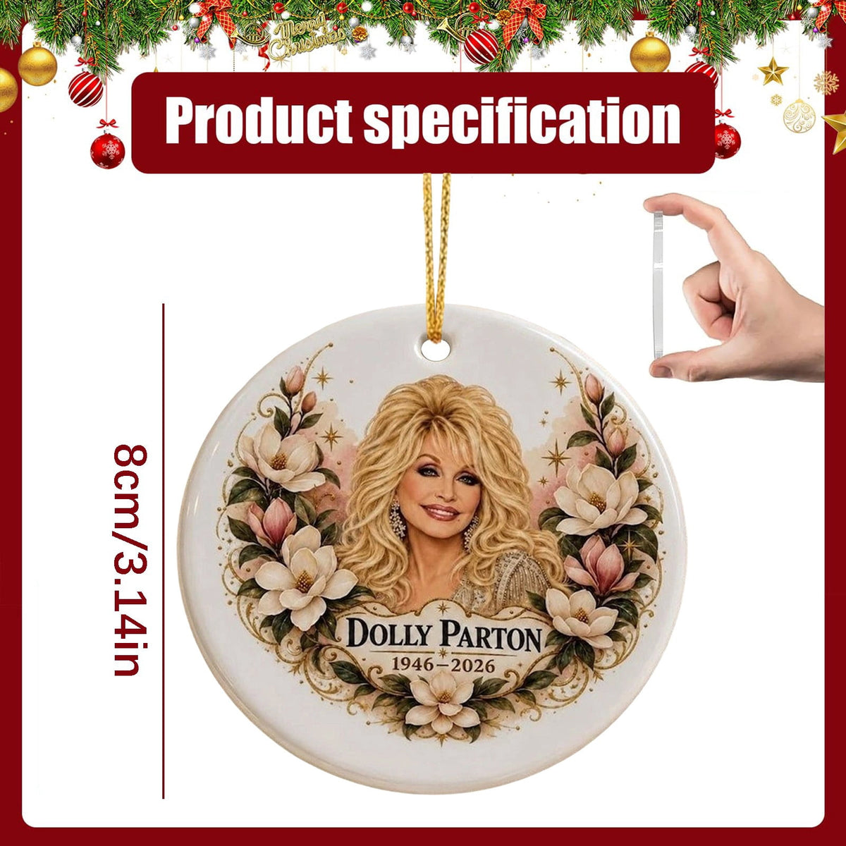 Dolly Memorial Acrylic Christmas Ornament Themed Christmas Ornament for Tree Car Office Home Dolly Themed Xmas Hanging Decor Country Music Holiday Decoration Gift
