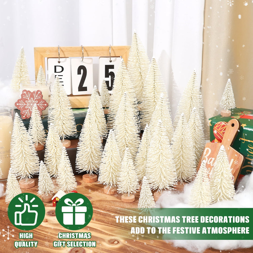 Ayieyill 30PCS Artificial Mini Christmas Trees, Upgrade Sisal Pine Trees with Wood Base Bottle Brush Trees for Christmas Table Top Decor(Green, Gold and Ivory)