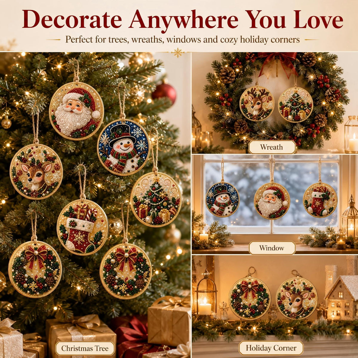 Clearance! 6Pcs Wooden Christmas Ornaments DIY Pearl Art Kits for Adults, Hanging Diamond Art Christmas Ornaments Set with Pearls, Special-Shaped Gems & Jute Twine, Christmas Decor Craft(#1)